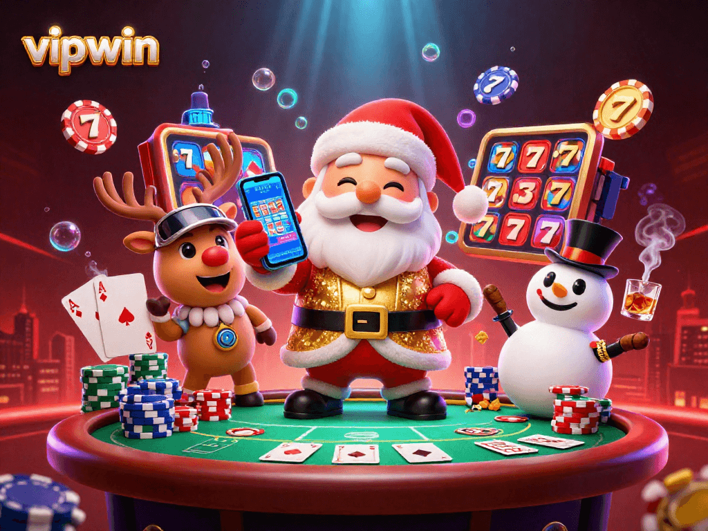 Join vipwin's festive celebration with Santa, a reindeer, and a snowman featuring vibrant slot and casino elements!