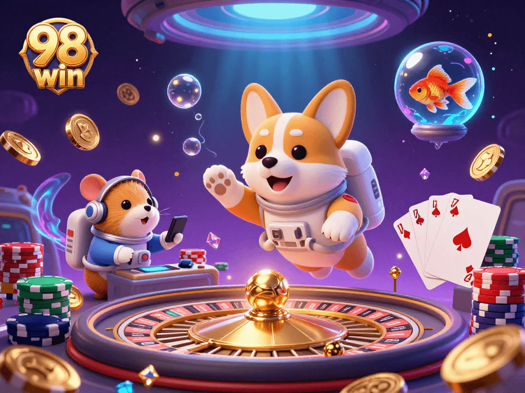 Experience thrilling games at 98 win with a dynamic 3D casino scene showcasing galactic action and excitement.