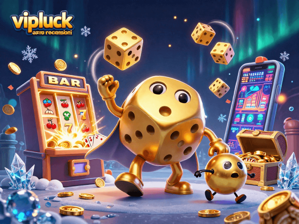 Scopri l'illustrazione di vipluck casino recensioni con personaggi di dadi dorati e effetti scintillanti.
