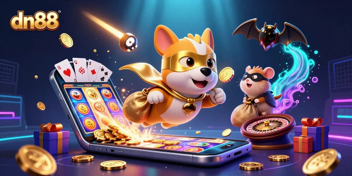 Experience the thrill of dn88 with a superhero dog and hamster amidst vibrant casino elements.