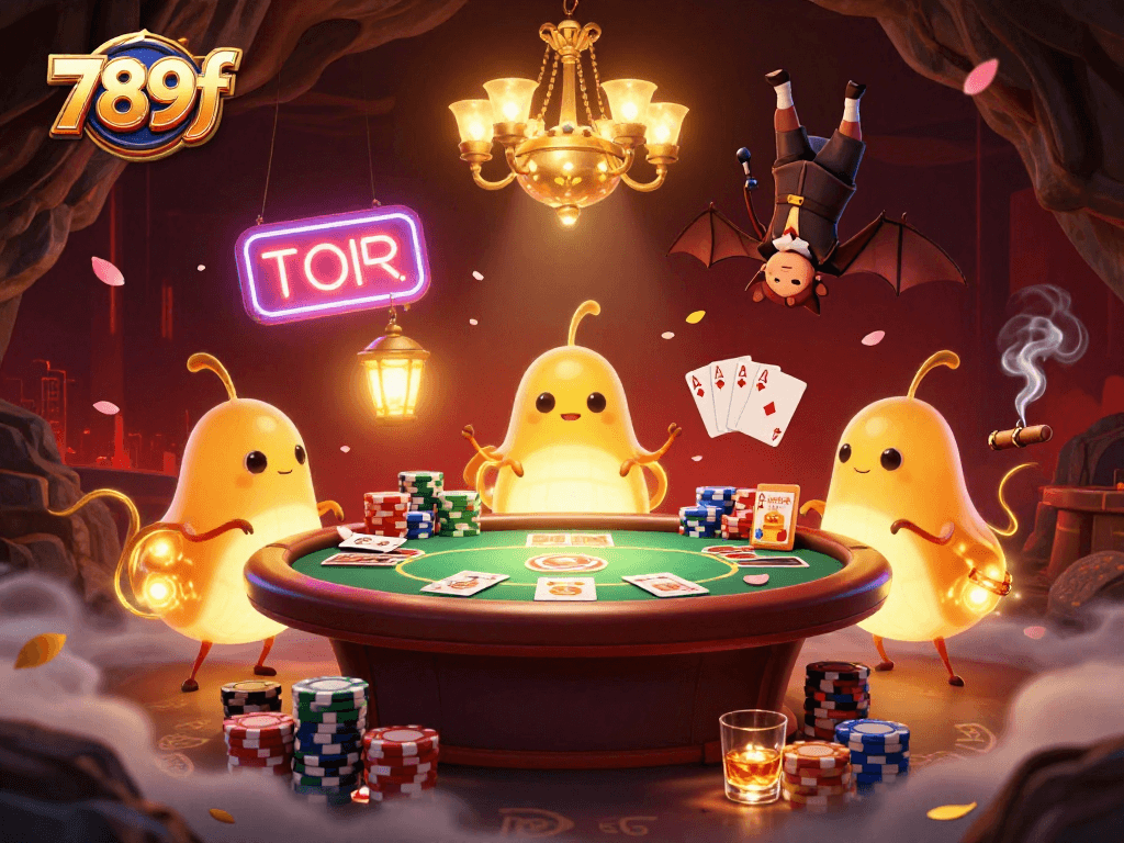 Experience the vibrant glow of 789f in an animated cave casino with bioluminescent characters.