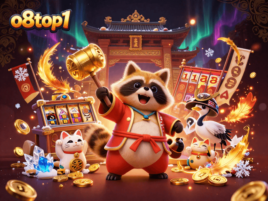 Engage with o8top1's vibrant casino experience featuring lively tanuki and colorful maneki-neko.