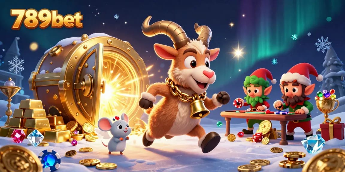 Experience the thrilling 789bet action with Krampus and mischievous elves in a vibrant casino scene.