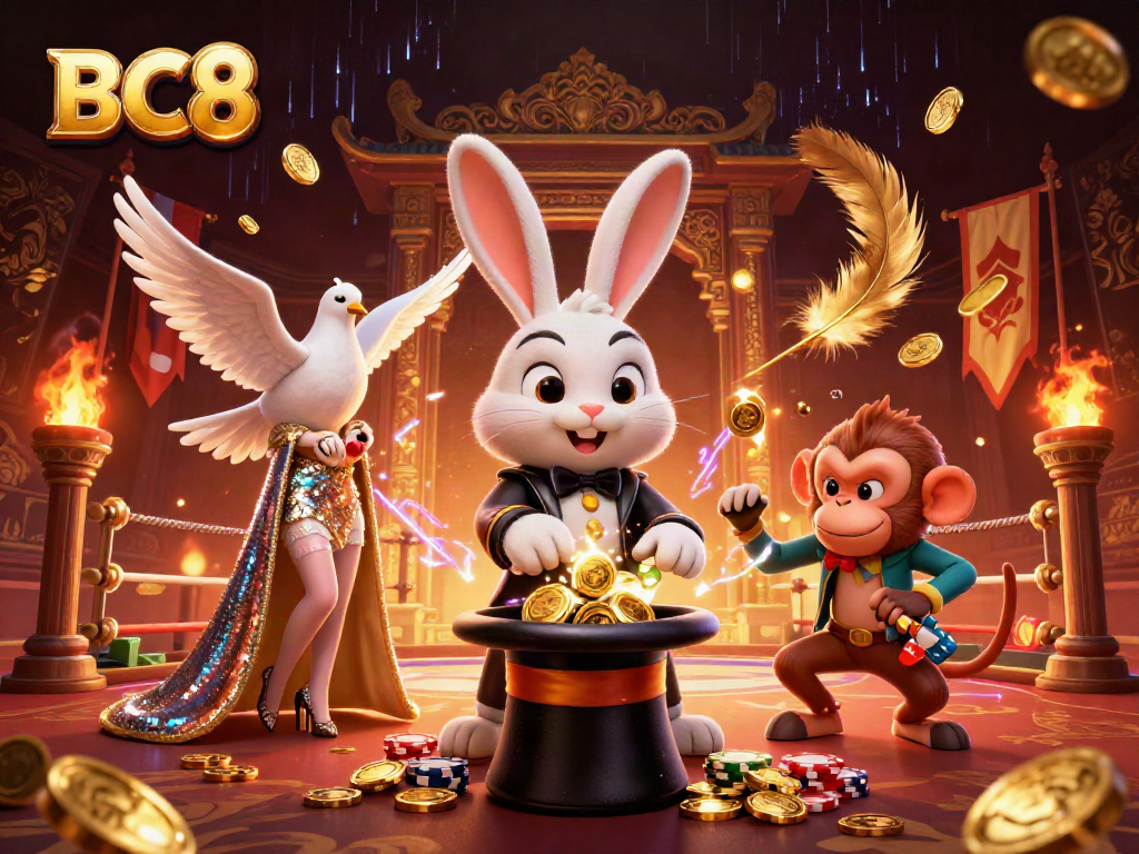 BC8 magician rabbit pulls coins from a hat in a vibrant casino-themed scene with dynamic game elements.