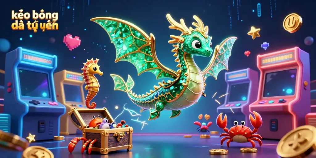 Engage in kèo bóng đá trực tuyến with an enchanting scene featuring a dragon, seahorses, and treasure amidst dynamic game elements.