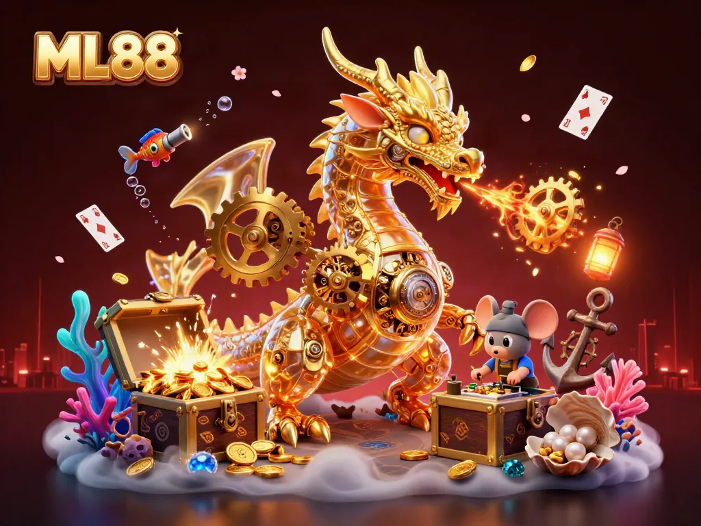 Engage with the mythical ML88 gaming experience, featuring a golden dragon and underwater treasures.