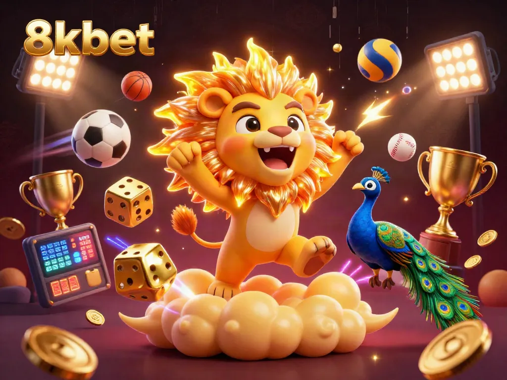 Engage with 8xbet as a roaring lion exudes energy amidst festive gambling elements.