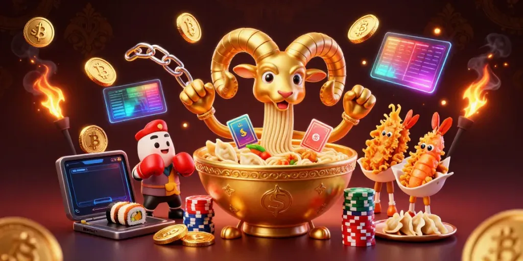 Engage with the thrilling s8 casino scene featuring a golden ramen bowl dealer amidst vibrant crypto elements.