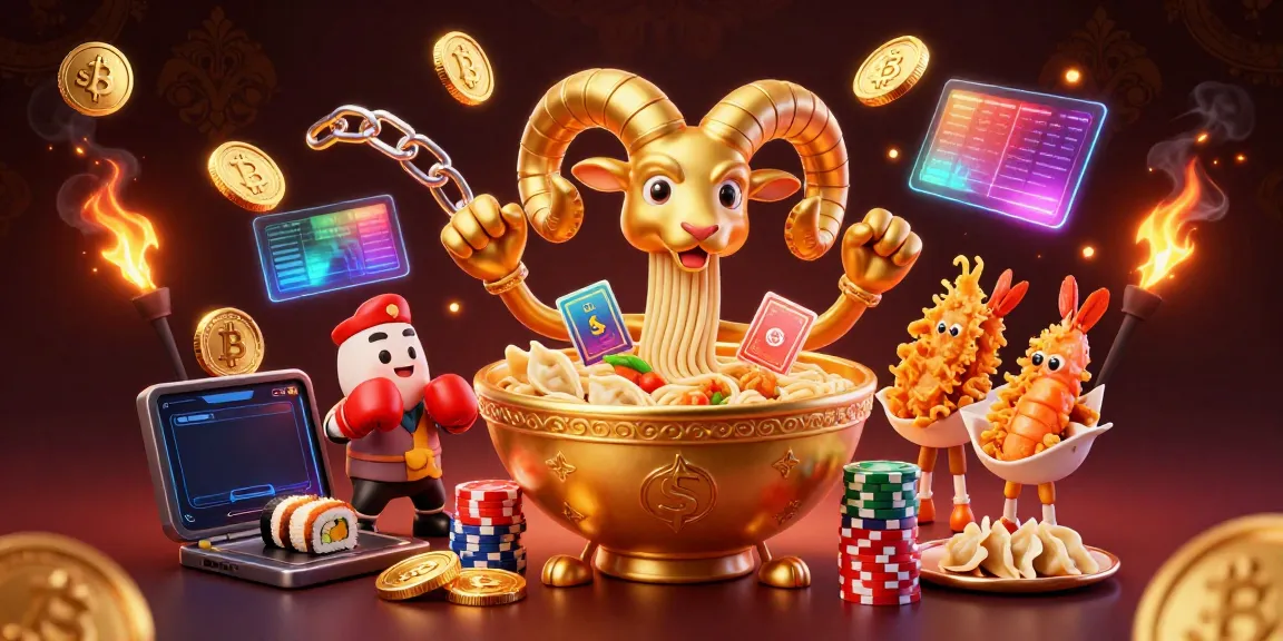 Engage with the thrilling s8 casino scene featuring a golden ramen bowl dealer amidst vibrant crypto elements.