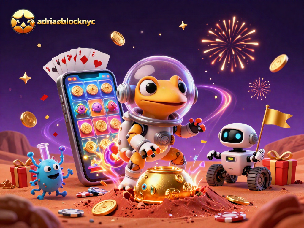 Experience the excitement at adriaenblocknyc, featuring a Martian gecko discovering a golden casino!