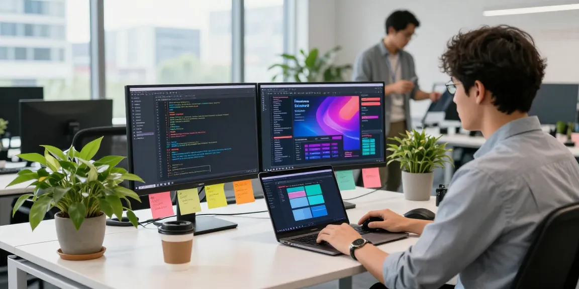Pengembang software menggunakan bos88 di kantor modern dengan monitor berisi kode dan catatan proyek.