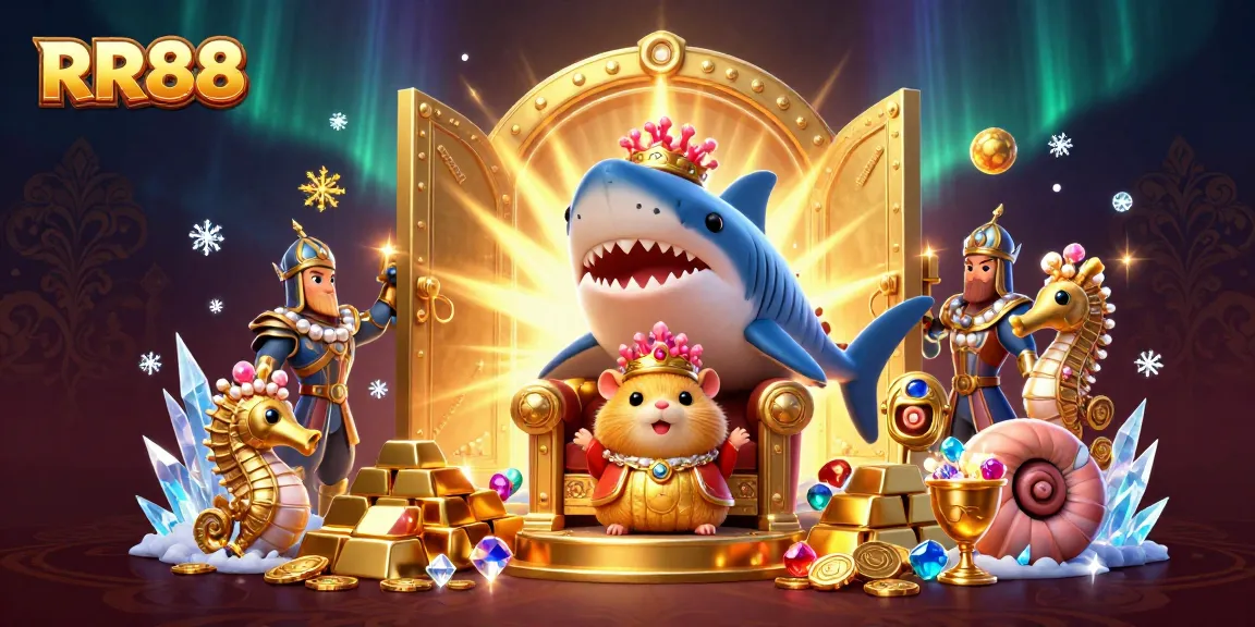 Experience thrilling gaming at RR88 with a golden hamster king and treasure-filled casino scene.