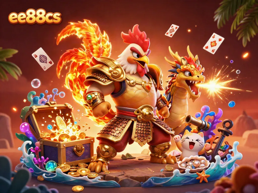 Engage in thrilling gameplay at ee88cs with a dynamic rooster warrior and fiery dragon in a vibrant casino scene.