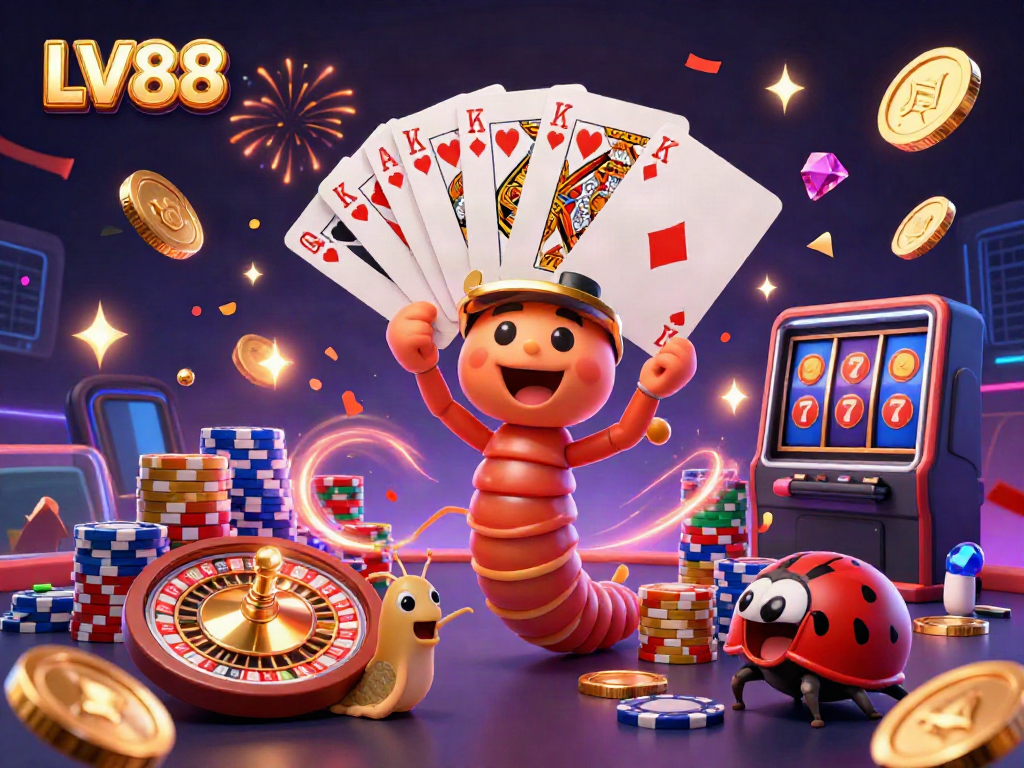 Join the fun at LV88 with a millipede dealer, snail high-roller, and pill bug in a dynamic casino scene.