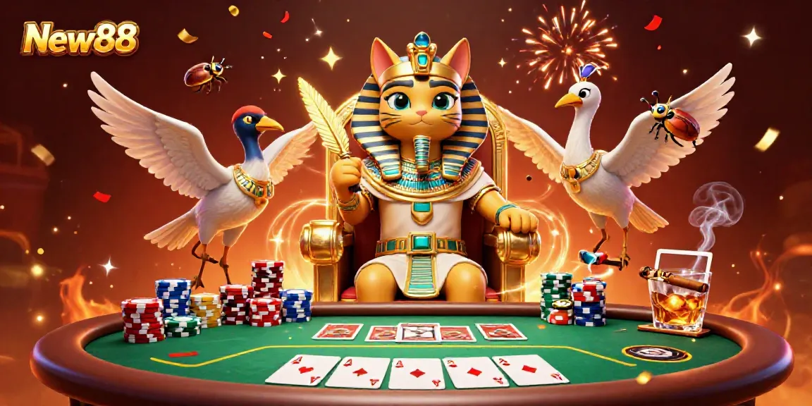 Experience a grand gaming adventure with New88 featuring a pharaoh cat and poker elements.
