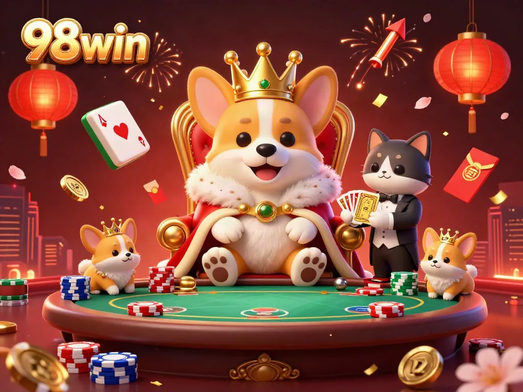 Play exciting poker games at 98win with a royal corgi surrounded by thematic casino elements.