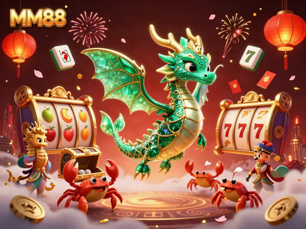 Play exciting games at MM88 with a dynamic 3D scene featuring emerald sea dragon and slot reels.
