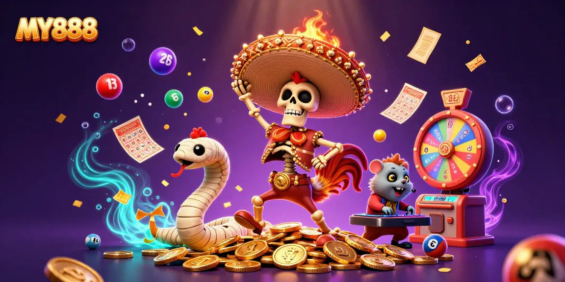 Experience the vibrant energy of MY888 with dynamic characters and colorful casino elements in this lively illustration.