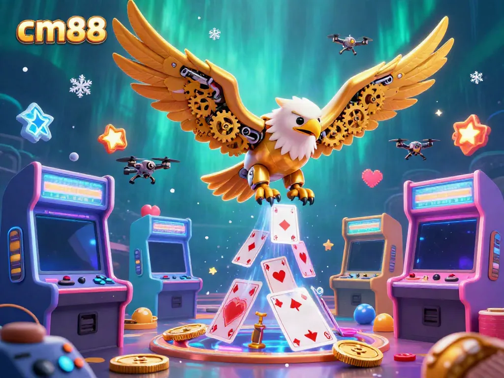 Experience the thrill of cm88 as a cybernetic eagle dives through holographic cards in a vibrant casino scene.