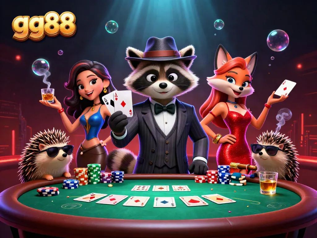Engage in thrilling poker action with gg88, showcasing a suave raccoon and charming fox in a vibrant casino setting.