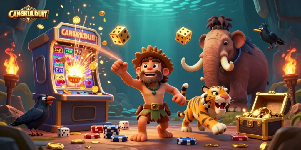 CANGKULDUIT showcases a unique prehistoric casino scene, merging classic gambling elements with a vibrant atmosphere.