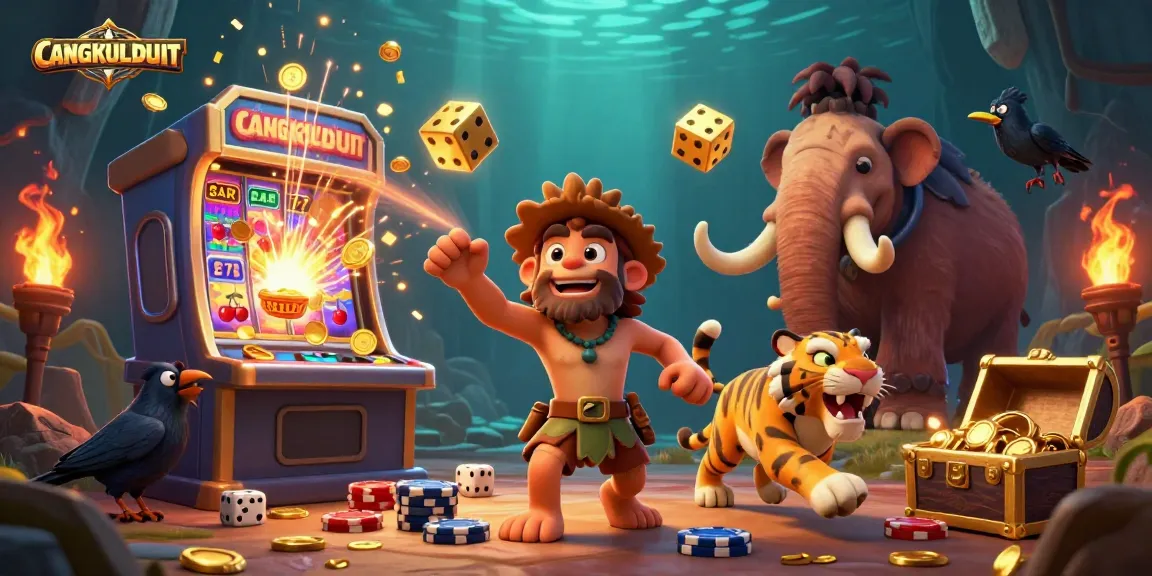 CANGKULDUIT showcases a unique prehistoric casino scene, merging classic gambling elements with a vibrant atmosphere.