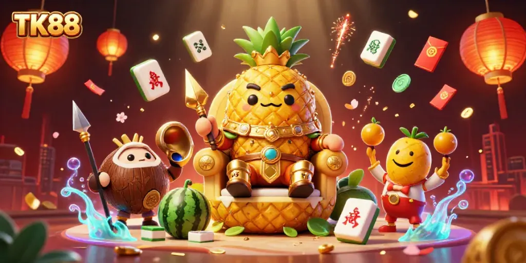 Engage in thrilling casino action with TK88, featuring a golden pineapple king surrounded by dynamic gaming elements.