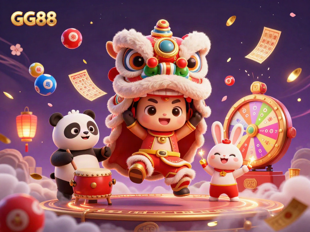 Engage in the lively GG88 scene with a colorful festival of gaming elements, showcasing dynamic lottery balls and festive characters.