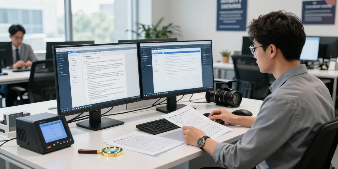 Detailed analysis of document fraud detection process in a professional office environment with verification tools.
