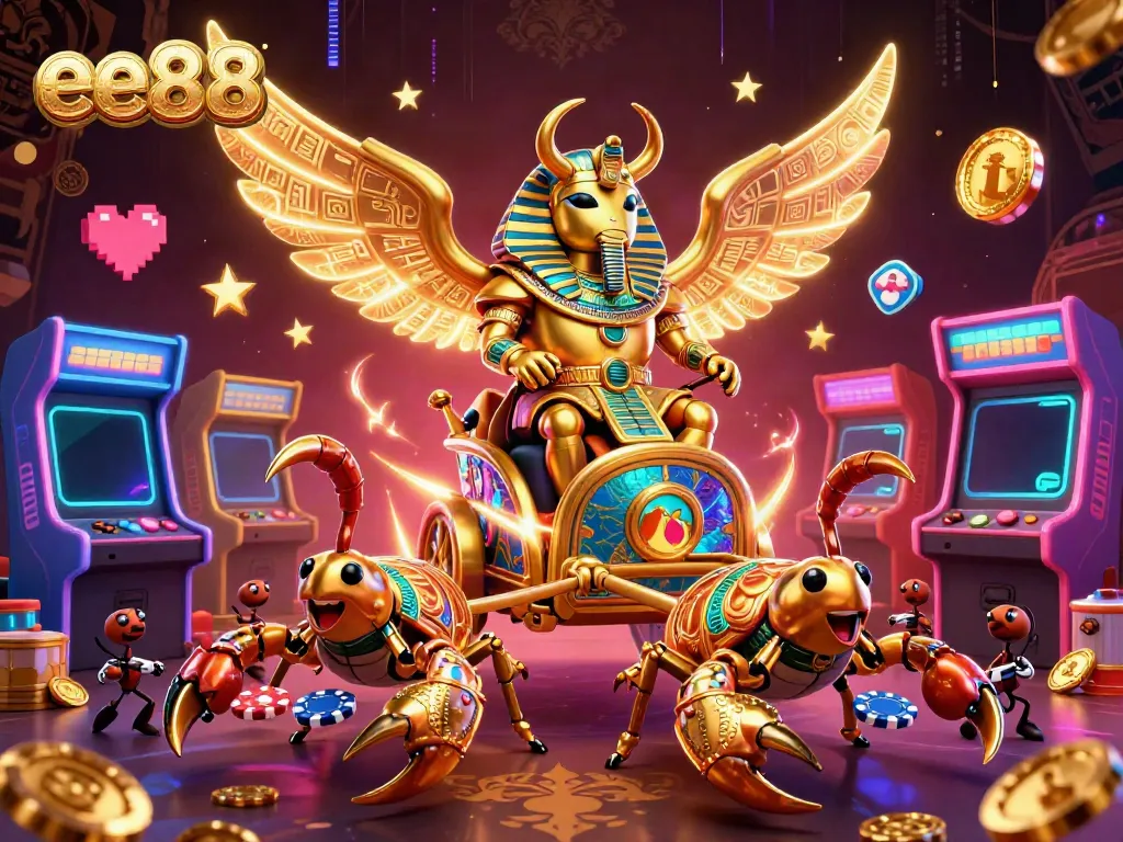 Experience exciting gameplay with ee88 in a vibrant casino setting featuring a golden scarab beetle and scorpions.
