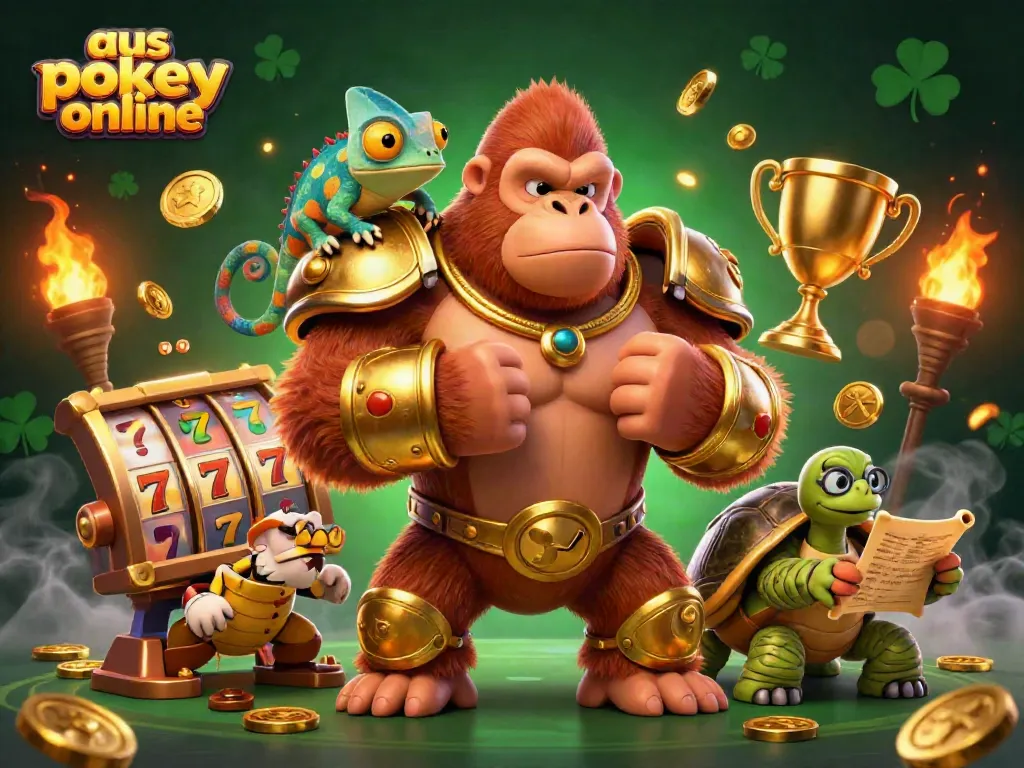 Experience thrilling aus pokies online gameplay with our gorilla king and his wise tortoise companion!