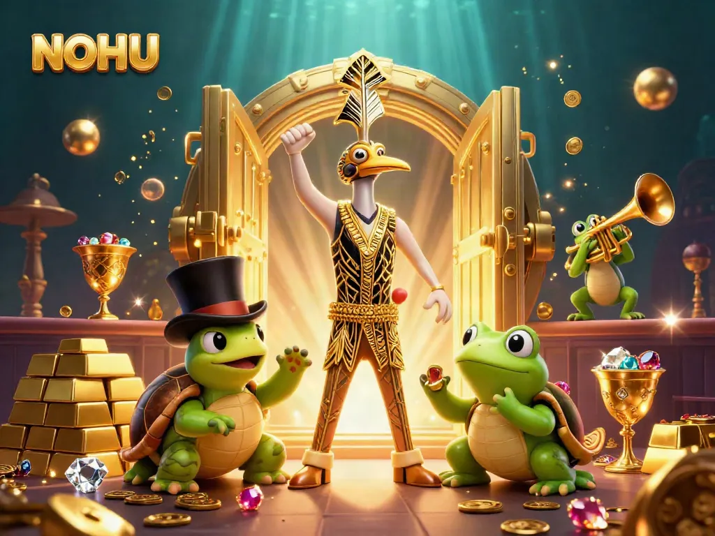 Engage with NOHU's vibrant casino experience featuring cartoon characters and sparkling treasures.