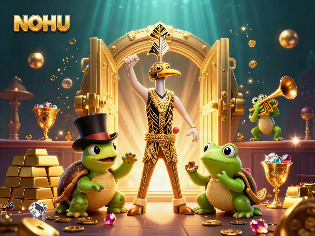 Engage with NOHU's vibrant casino experience featuring cartoon characters and sparkling treasures.