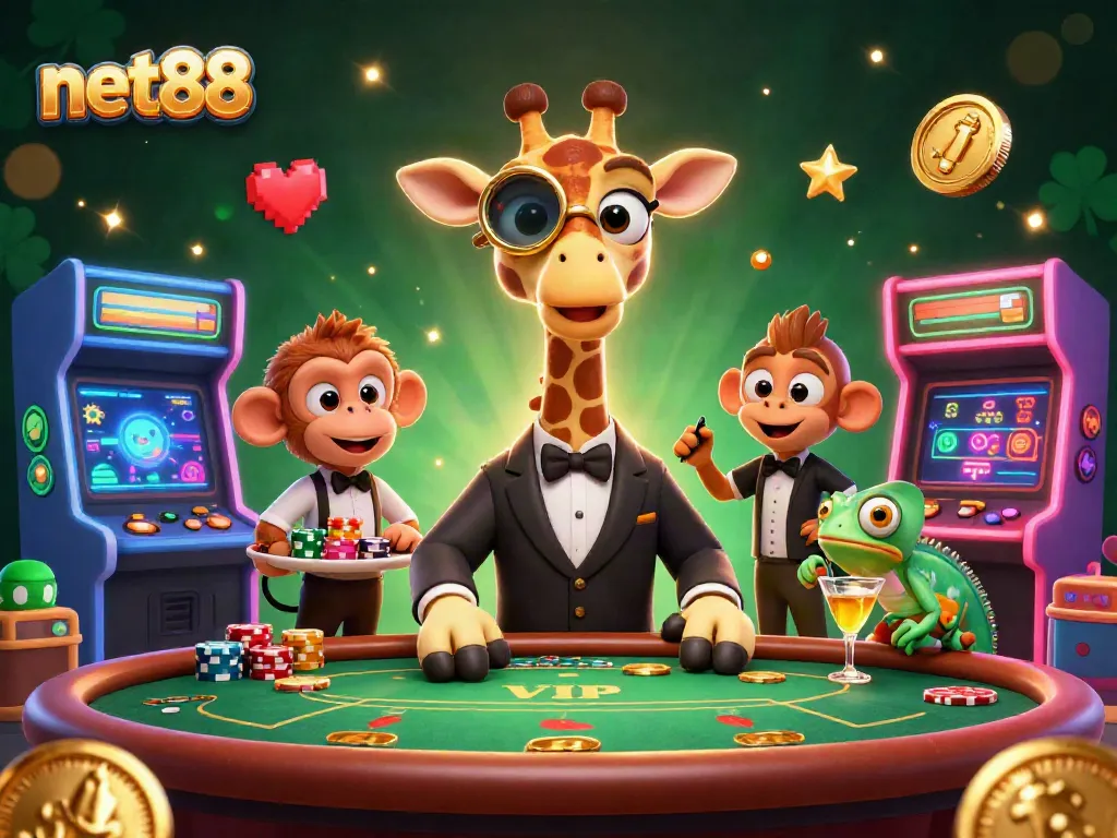 Engage with net88's vibrant casino atmosphere, featuring a high-roller giraffe at the poker table.