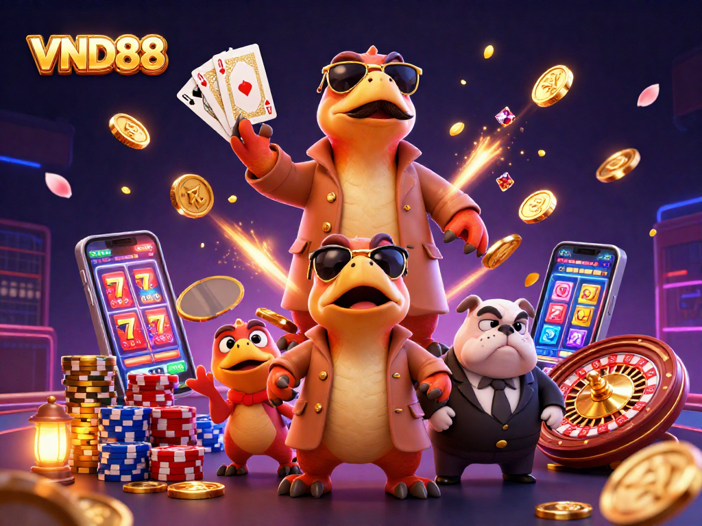 Experience the thrill of VND88 with cartoon raptors sneaking into a VIP casino lounge full of excitement and winnings.