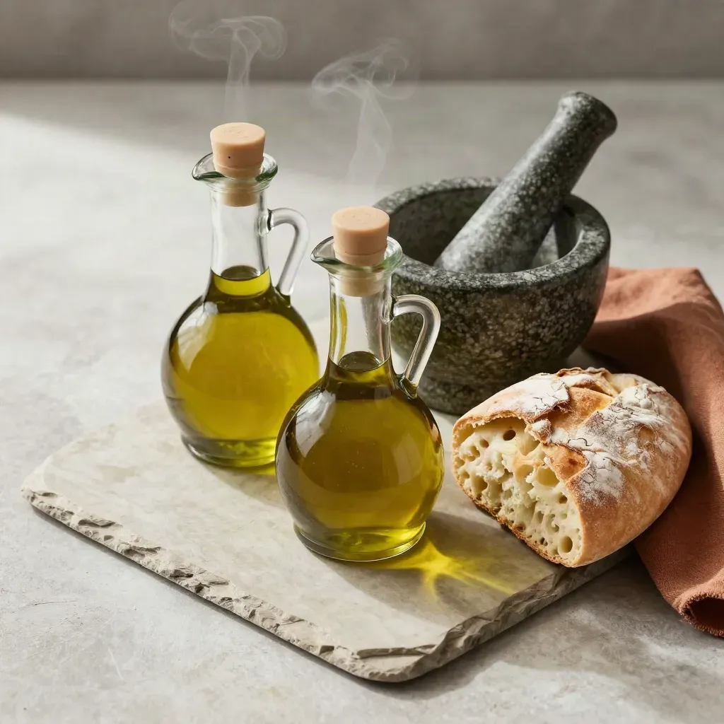 Crucoli d’olio, mortaio in pietra e focaccia avvolta nel lino su ardesia chiara.