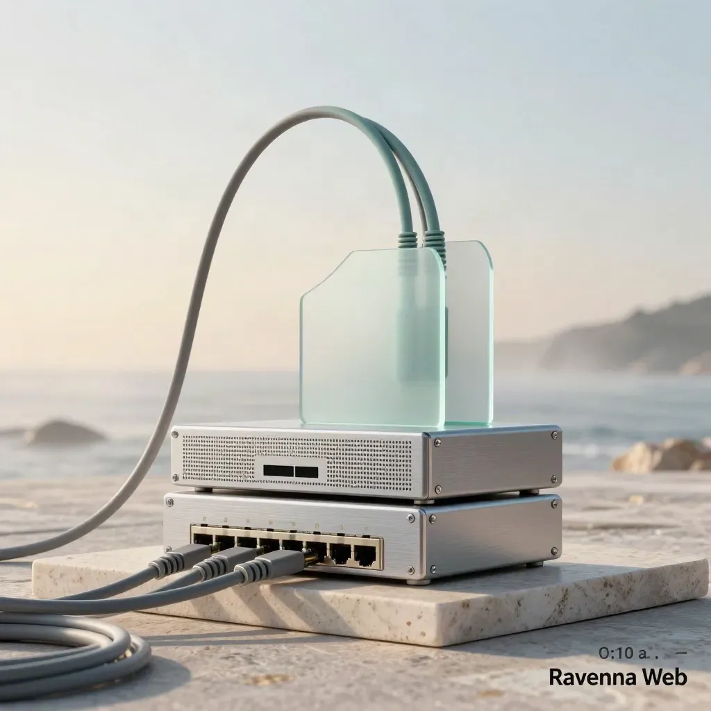 Hardware di rete in alluminio spazzolato e cavi intrecciati su pietra, con luce marina morbida.