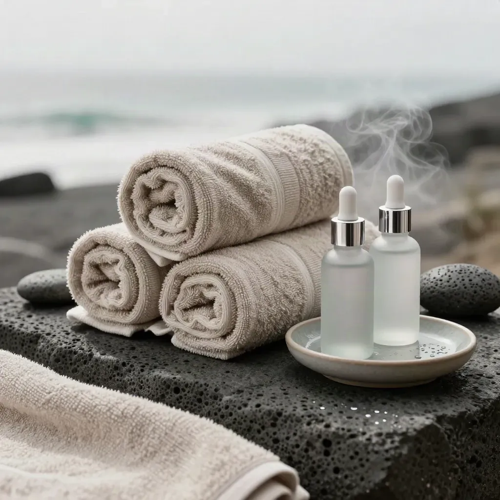 Asciugamani arrotolati, pietre vulcaniche e flaconi satinati in una spa elegante.