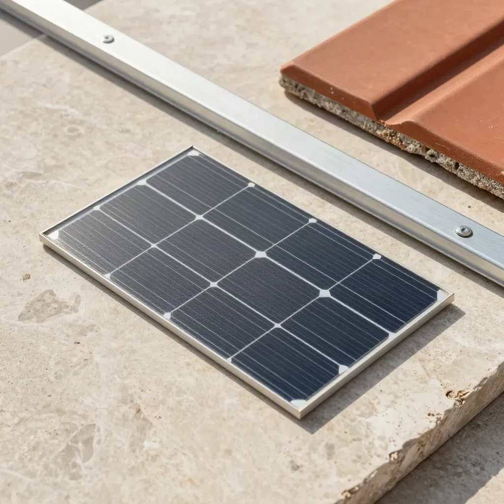 Campione di pannello solare, binario in alluminio e frammento di tegola su pietra chiara.