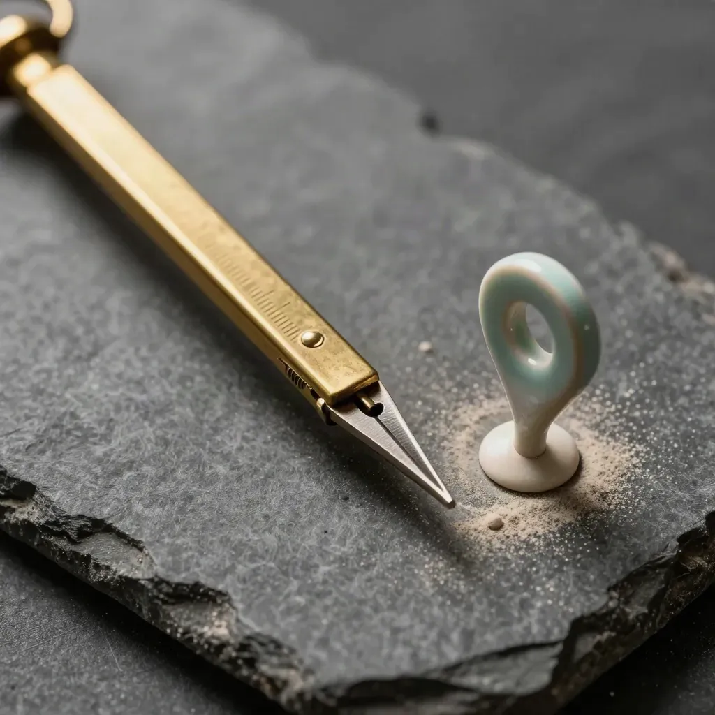 Bussola in ottone, pin in ghisa e segnaposto in ceramica su pietra grigia.