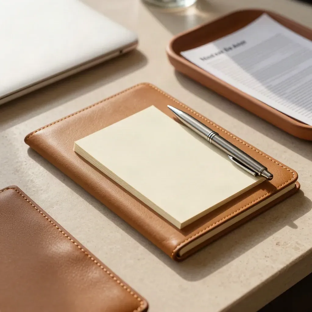 Folio in pelle con penna d’acciaio e card vuote su pietra chiara