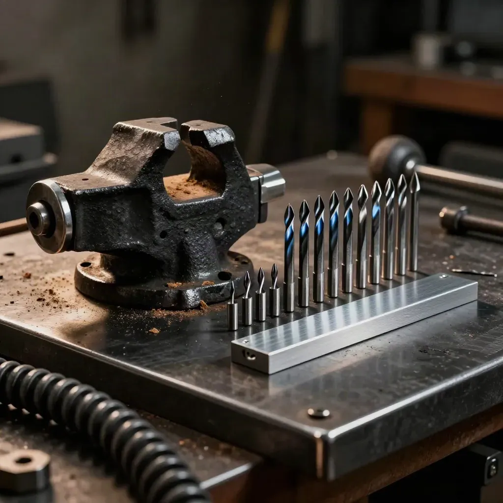 Vite da banco, punte da trapano e campione in alluminio su banco scuro in officina