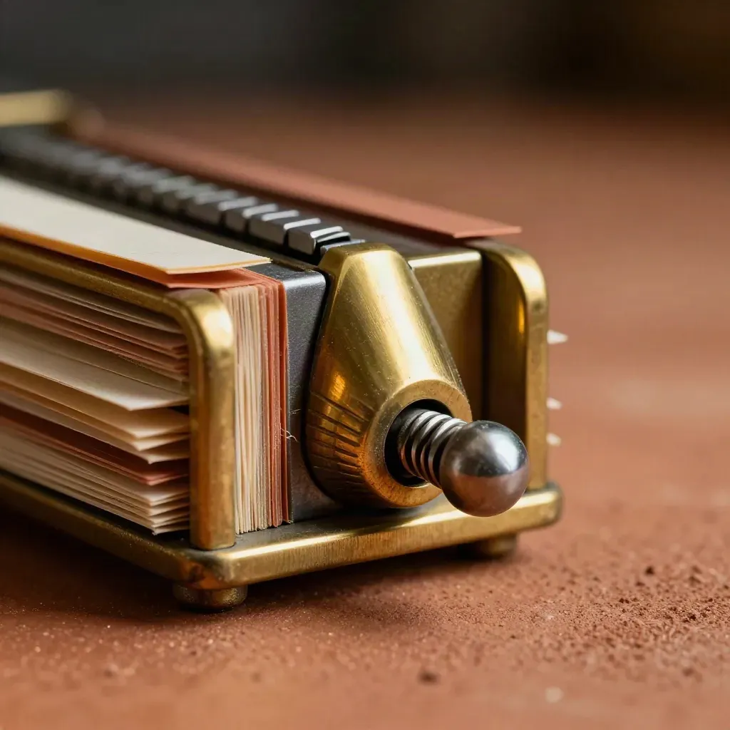 Contatore brass, tab indice e clip metallico su superficie terracotta, in macro