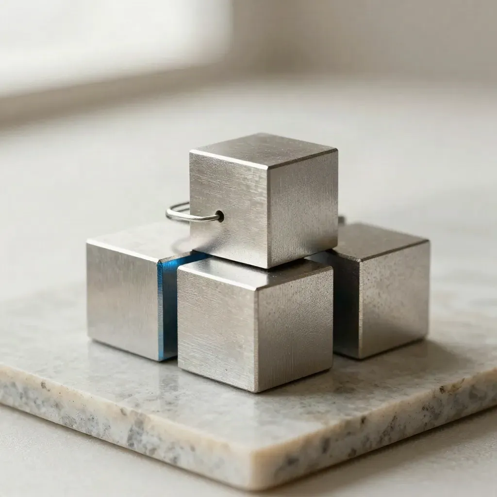 Cubi di alluminio, morsetto a molla e distanziale esagonale su fondo neutro