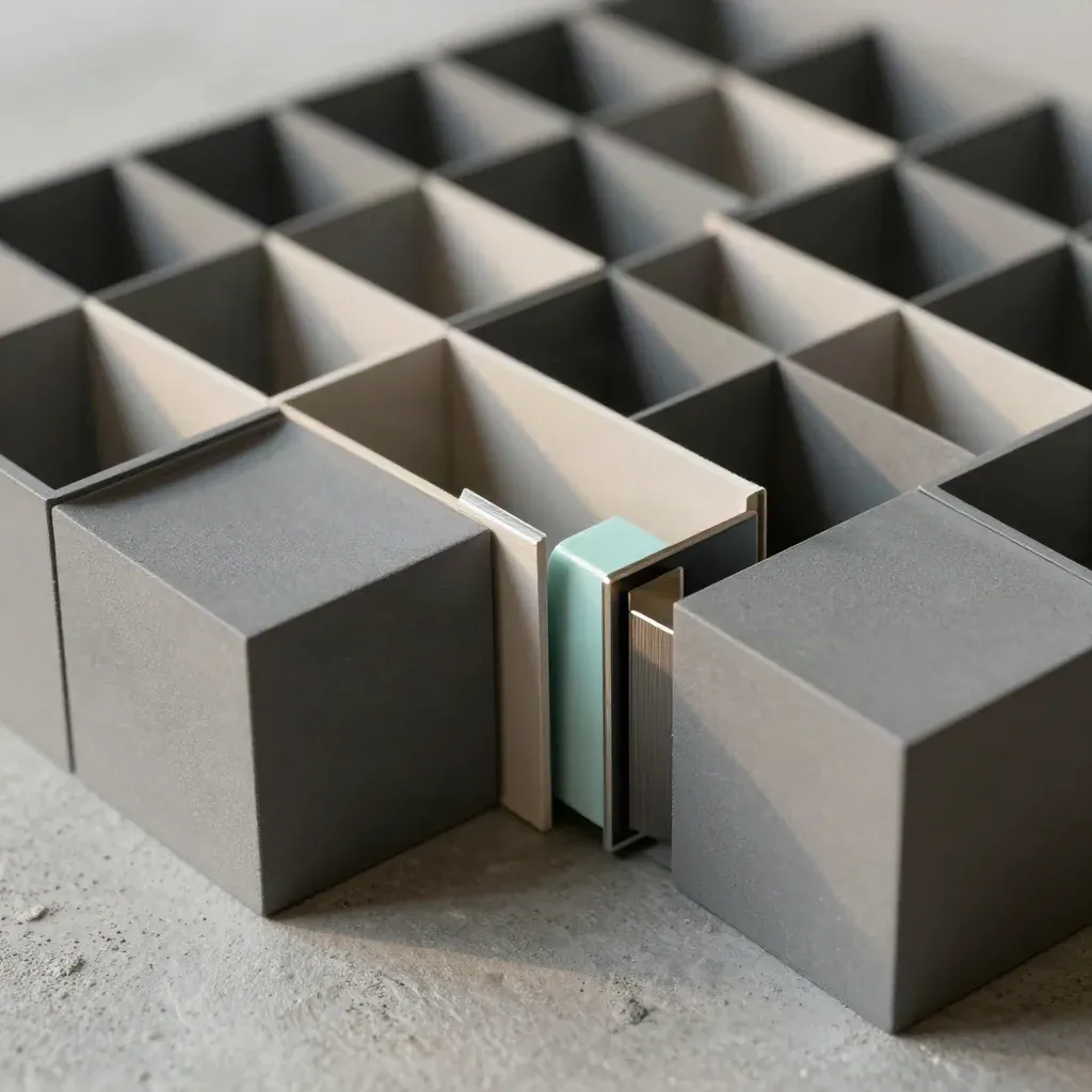 Blocchi modulari, divisori di carta e perni angolari in macro dall’alto, luce radente.