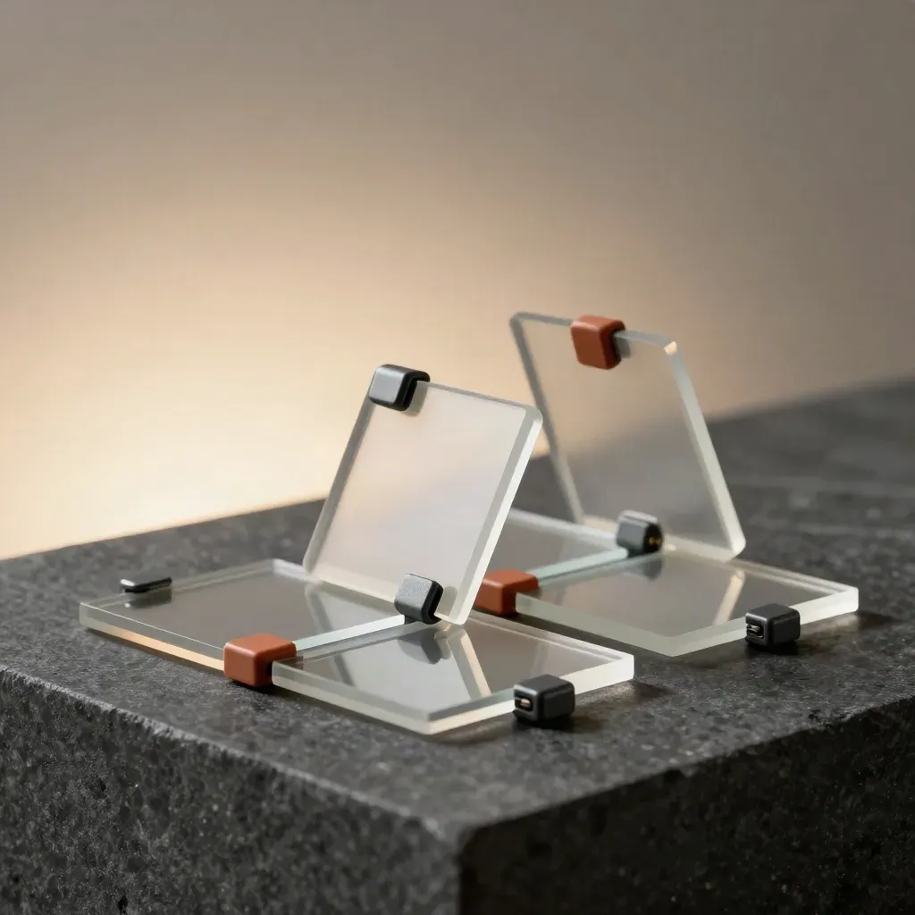 Tessere acriliche traslucide e distanziatori magnetici su pietra scura, luce drammatica