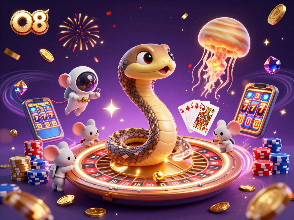 Experience dynamic gambling action with O8, featuring a roulette wheel and colorful casino elements.