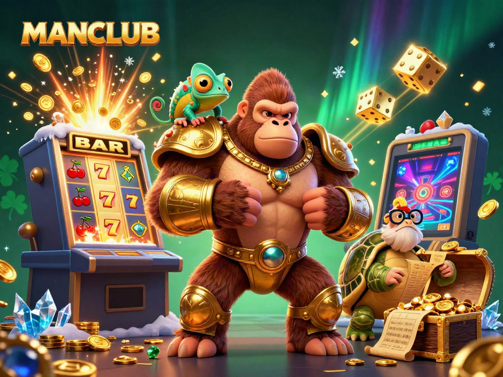 Experience the thrill at MANCLUB's casino with vibrant characters and exciting jackpot elements.