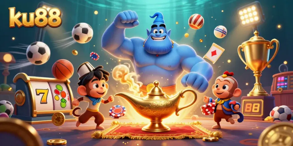 Experience thrilling gaming with ku88’s vibrant 3D casino scene filled with action and excitement.