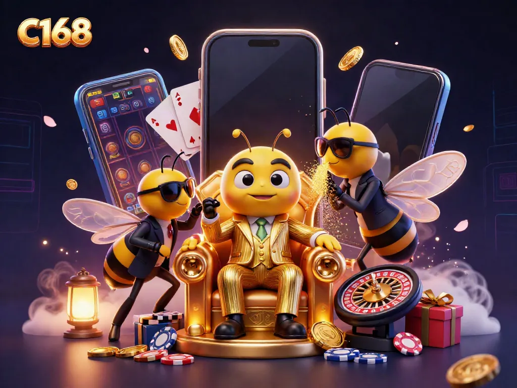 C168's thrilling casino scene featuring a cartoon bumblebee mob boss, wasp bodyguards, and a butterfly, with slots, coins, and cards.